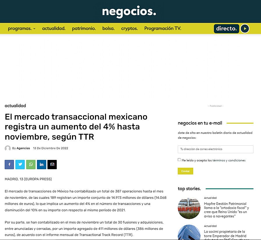 El mercado transaccional mexicano registra un aumento del 4% hasta noviembre, segn TTR